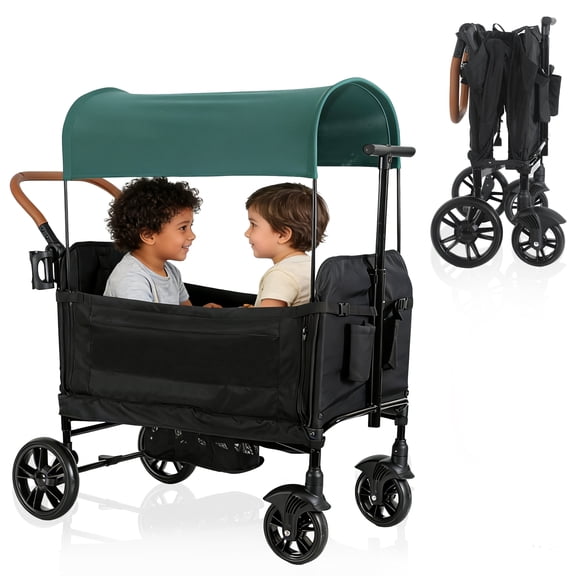 Vrhot Foldable 2-Seater Baby Wagon Stroller with Removable Canopy, Push and Pull Handle, up to 110 lbs, for Toddlers and Kids