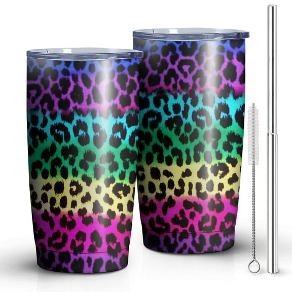 Colour Leopard Print 20oz Tumbler Stainless Steel Double Wall Vacuum Insulated Coffee Mug Travel Cups for Wife Mom Daughter Sister Friend Coworker, Metal Straws and Brush