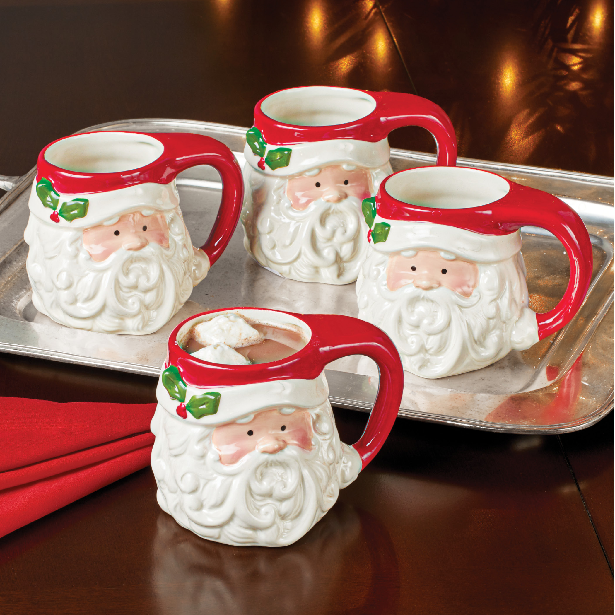 Cheerful Santa Claus Holiday Mugs with Hat Handle - Set of 4 - Festive Seasonal Drinkware 