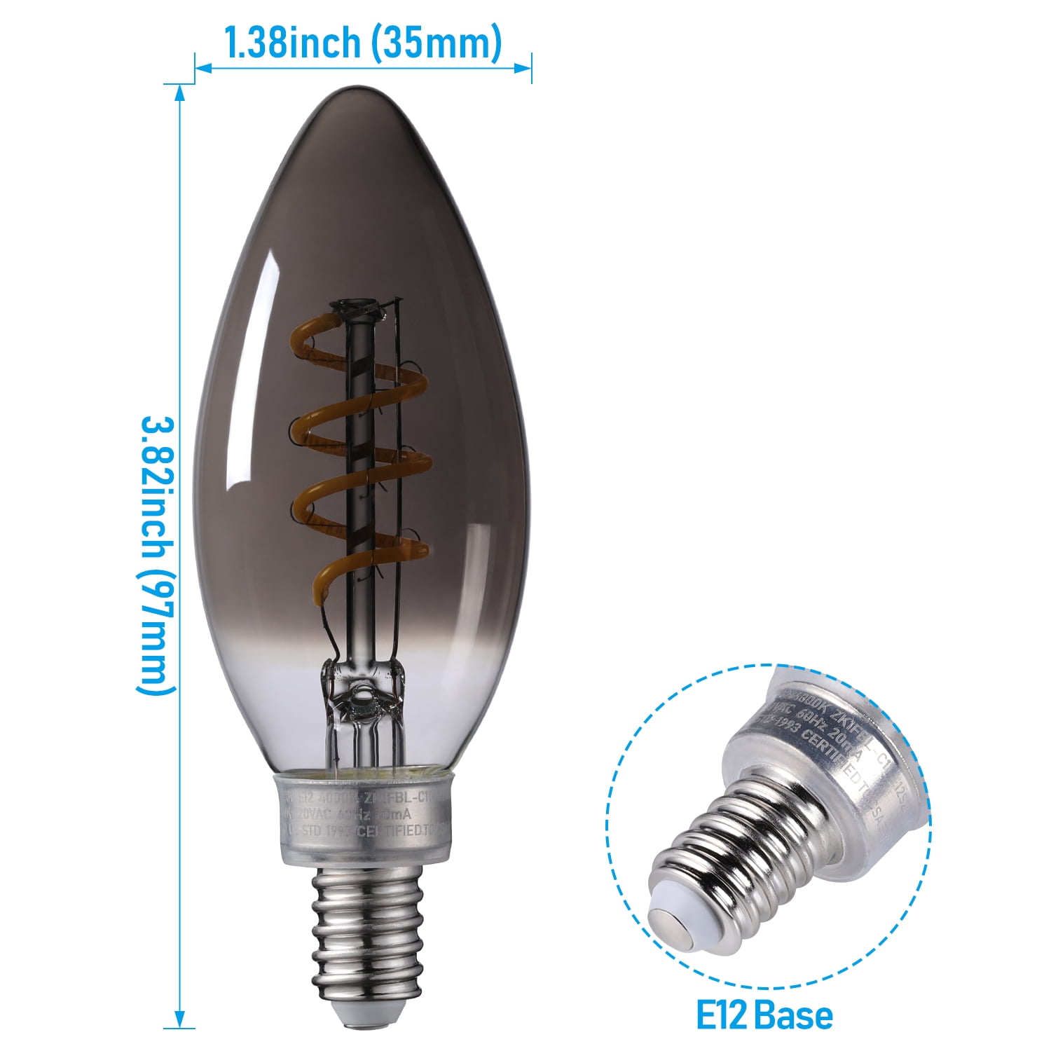 12 Pack Dimmable E12 LED Candelabra Bulb, LED Chandelier Light Bulbs, 60lm, FCC&ETL Listed, 2W LED Filament Candle Bulb C11, Vintage Edison Bulbs, Smoky Grey Glass, 4000K Cool White