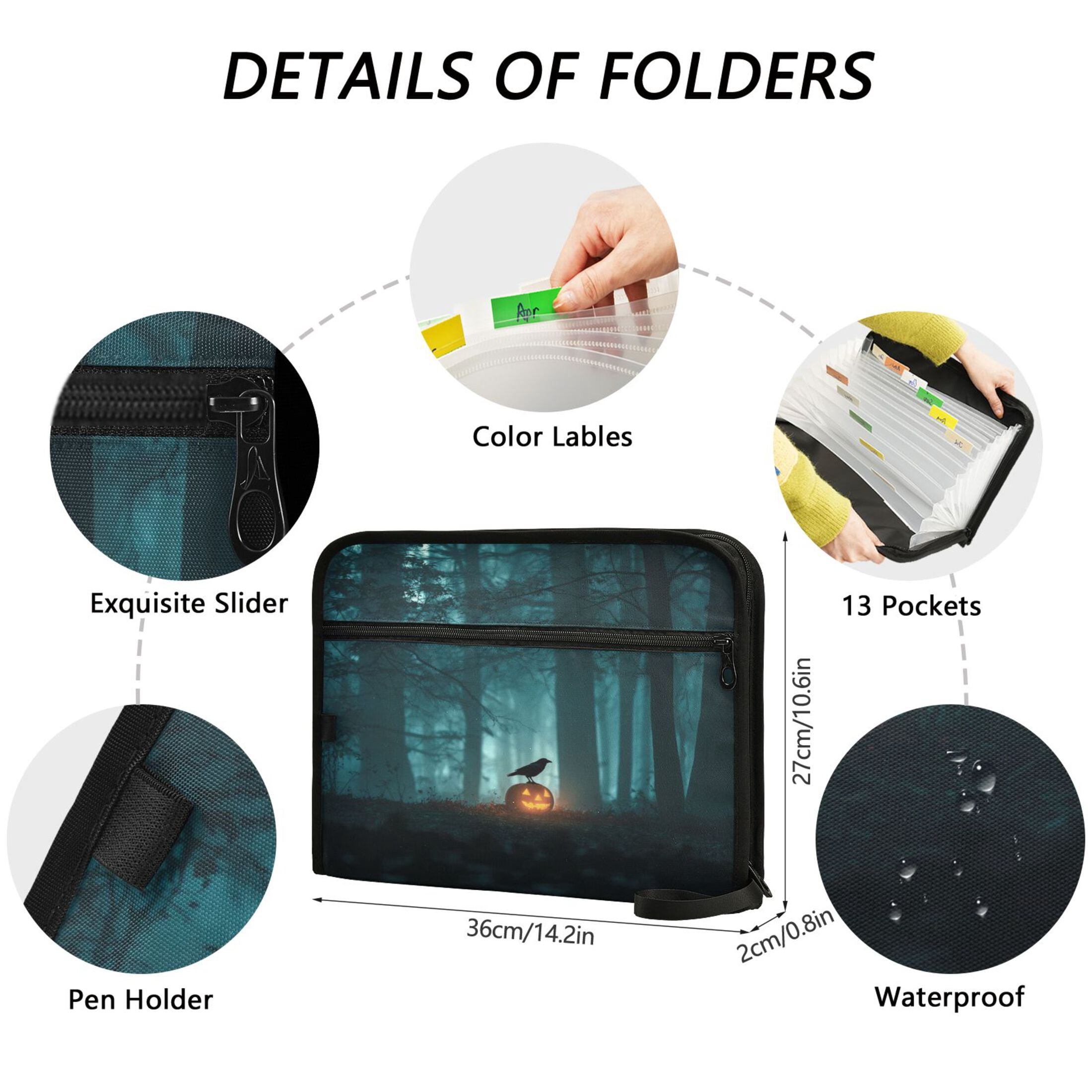 Accordion File Organizer with Zip Closure 13 Pockets Expanding File Folder Letter A4 Paper Document Organizer for Home Office Crow Perched on Pumpkin Lantern