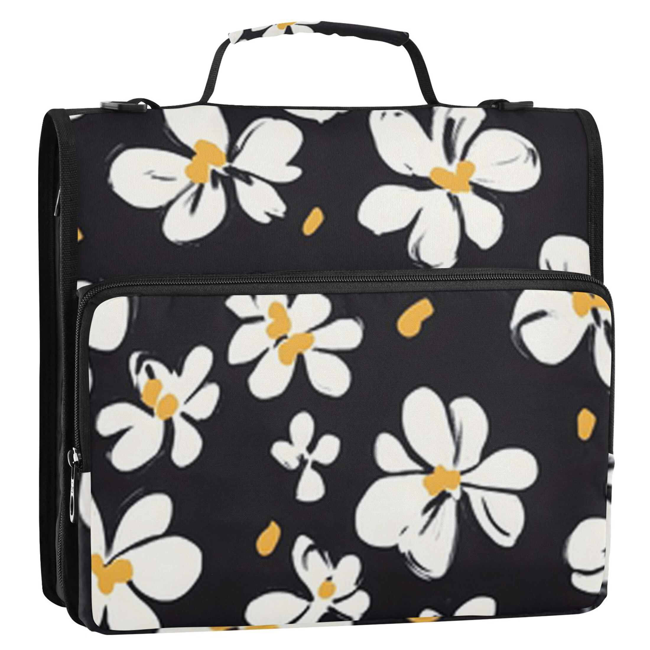 Zipper Binder Black Background White Flower 1.5 Inch Binder Folder Bag with Shoulder Strap and Handle