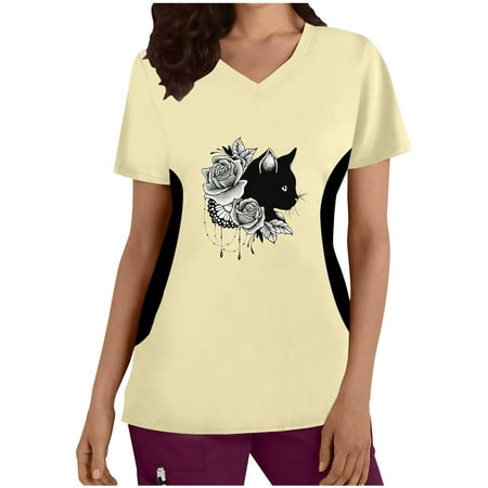 

SMihono Women s Fashion Tunic Working Uniform Rollback Short Sleeve Womens Tops Flowy Cute Cat Graphic Tees Trendy Summer Clothing 2023 Pockets V Neck Shirts Loose Fit Scrub Tops Yellow 10