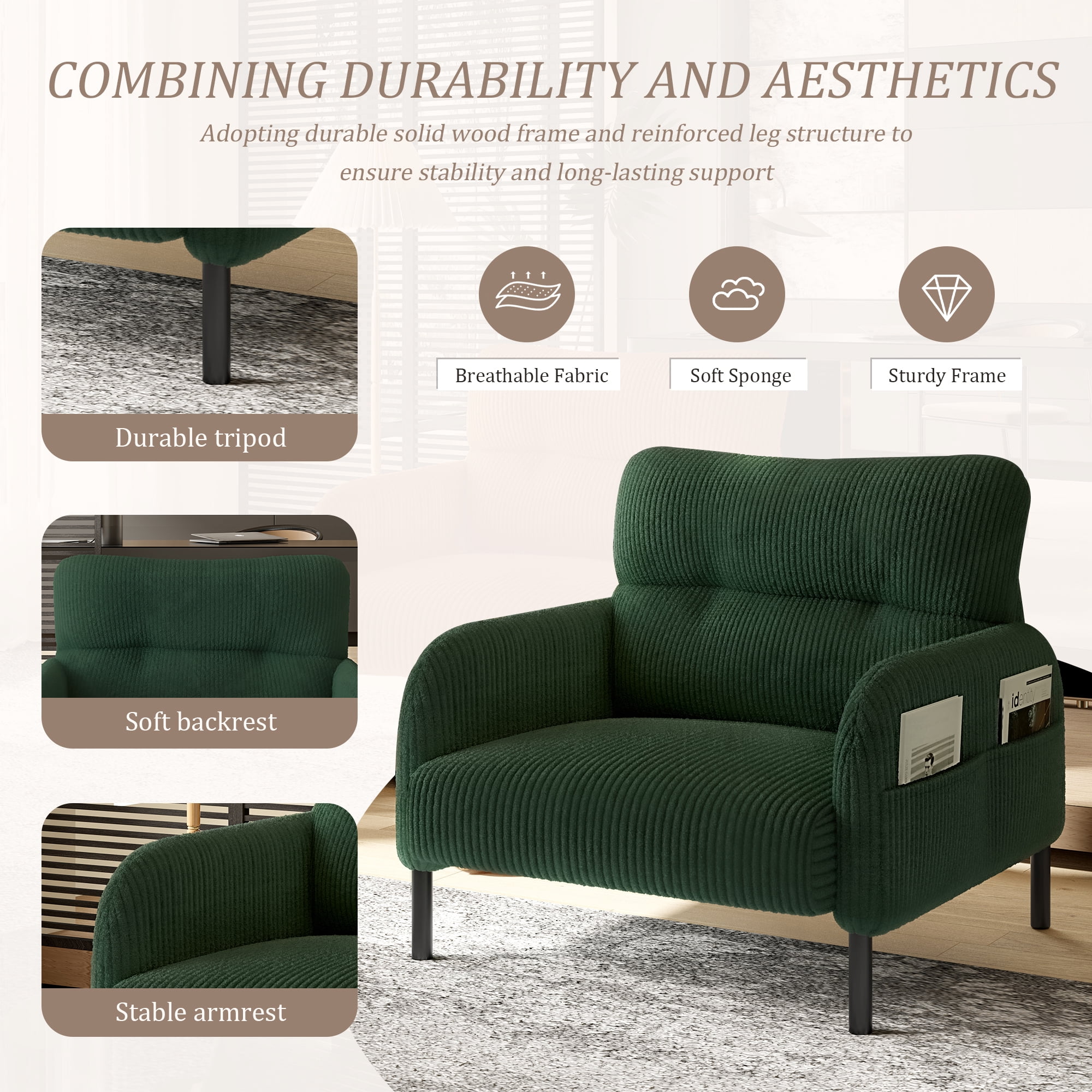 MOONMISS Corduroy Upholstered Comfortable Single Wood Frame Armchair for Living room and Bedroom-Emerald