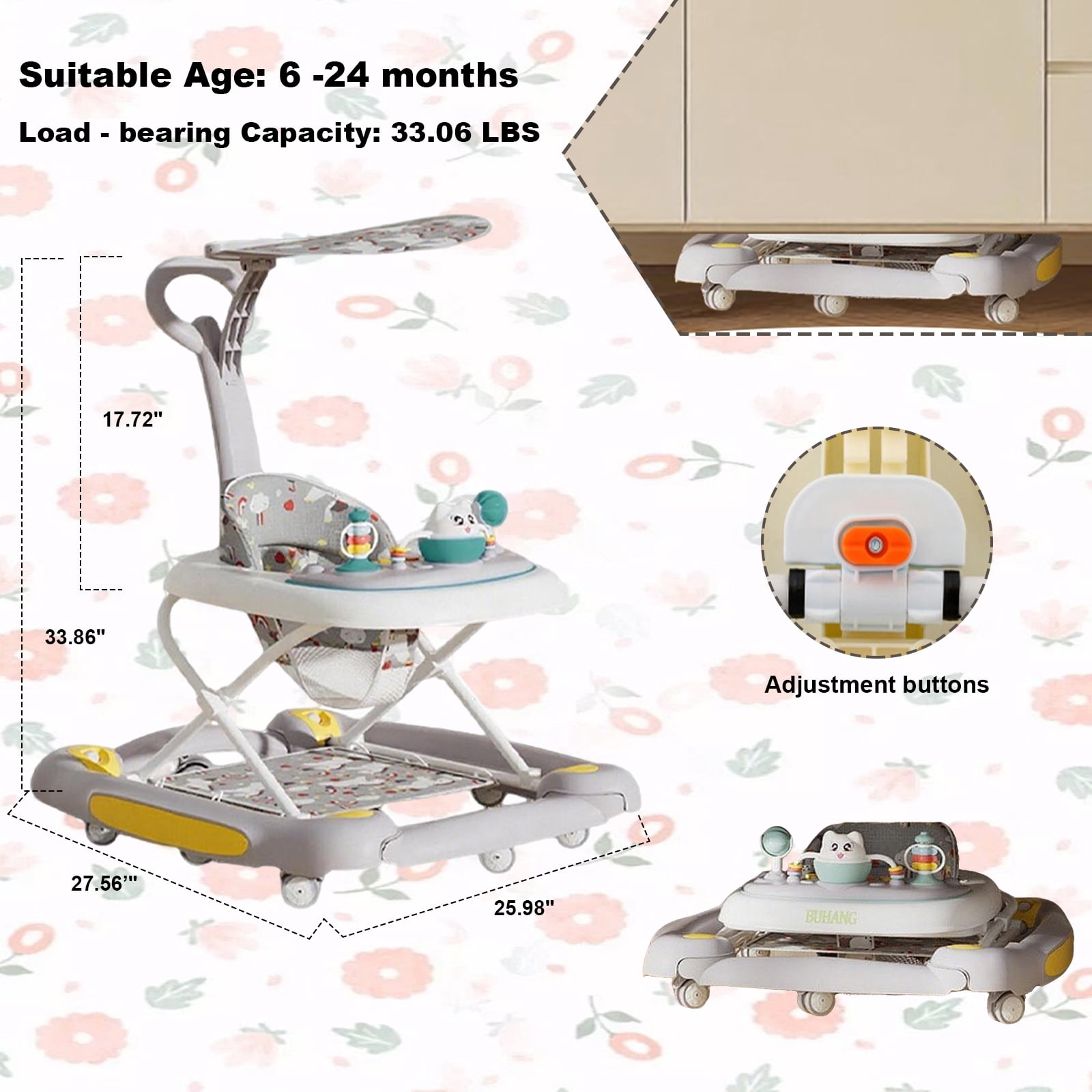 MINGYI 5-in-1 Foldable Baby Walker for 6 Months+ Boys and Girls, Height Adjustable, Push Walker with Wheels(Grey)