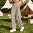 thumbnail image 6 of Women Solid Double Crinkle Elastic High Waist Jogger Pants, Side Pockets Loose Daily Casual Long Trousers Beige M(M), 6 of 9