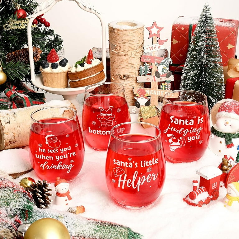 Christmas Brass Tone Stemless Wine Drinking Glasses, Glass Drinkware Cups  for Xmas Party, Set of 4