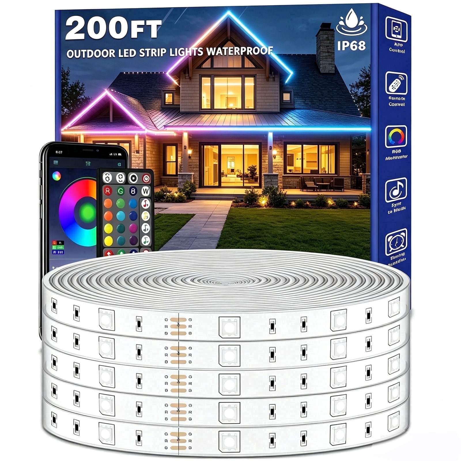200FT Outdoor LED Strip Lights Waterproof,IP67 Waterproof LED Light Strips with Remote, Music Sync APP Control, RGB Color Changing LED Lights for Roof, Balcony, Deck, Pool, Patio Decorations