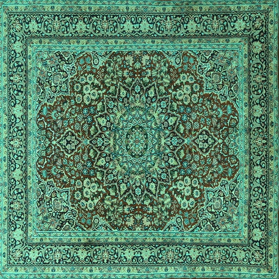Ahgly Company Indoor Square Medallion Turquoise Blue Traditional Area Rugs, 8' Square