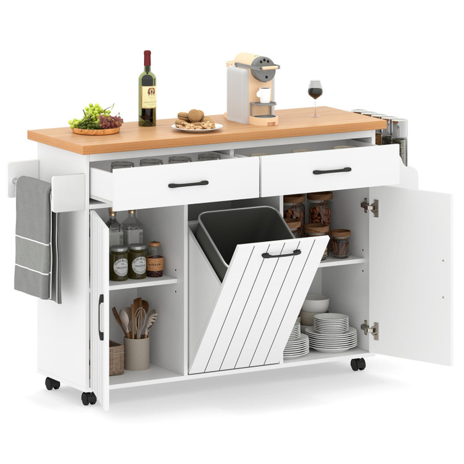Furnibear Mobile Kitchen Island Table with Trash Bag Storage Adjustable Cabinets Spice Rack and Drawers for Dining Rooms, White