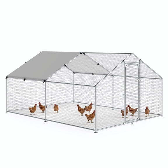 YOKWOK 10x13.2x6.4 ft Large Metal Chicken Coop with Waterproof and UV-Resistant Cover, Chicken Run Outdoor Walk-in Cage Rabbit Duck Hen House for Yard Farm Use, Spire Roof