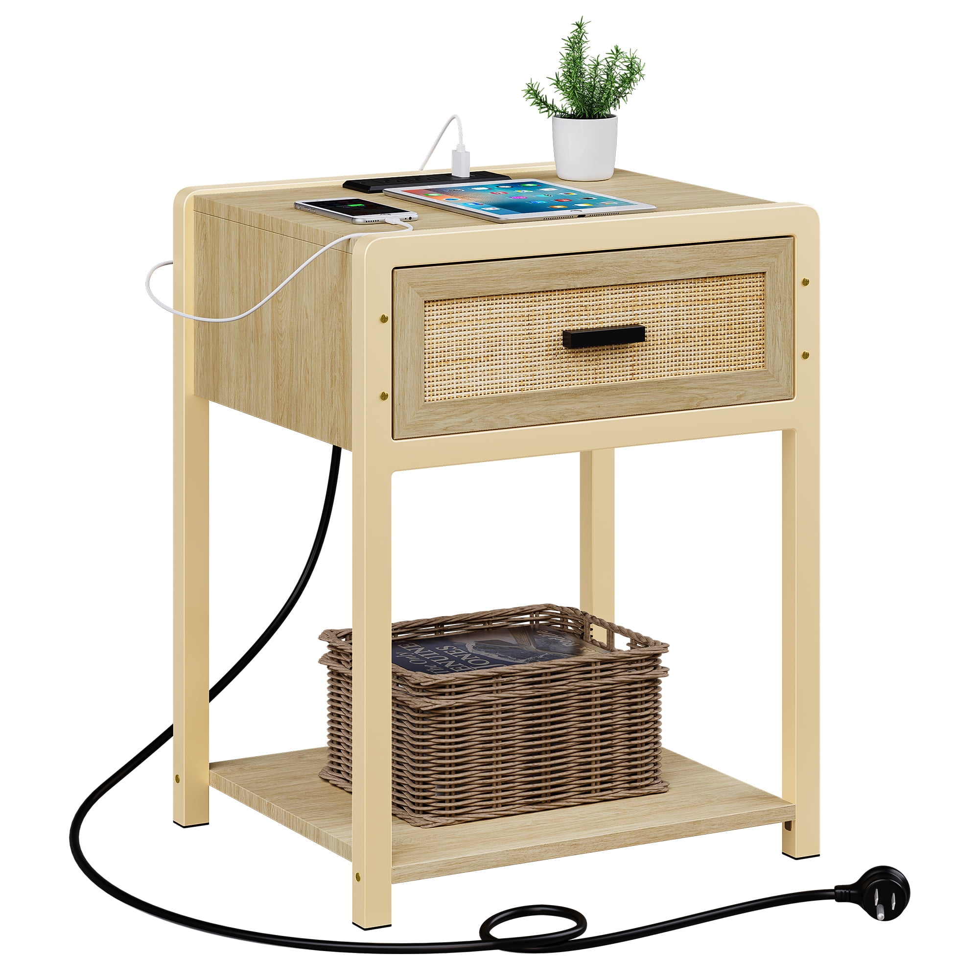 Yesfashion Rattan Nightstand with Charging Station and Storage Drawer