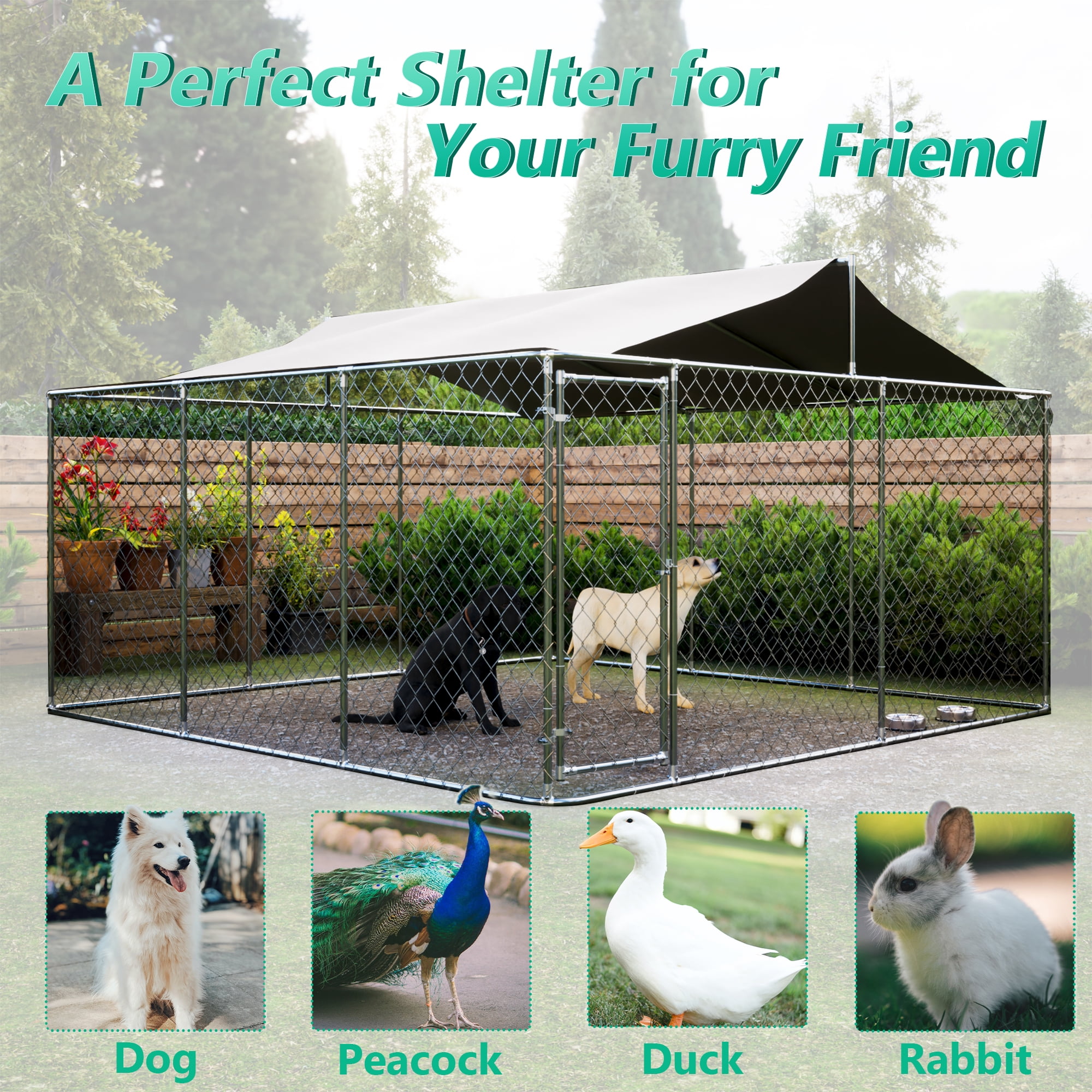 Wiilayok 15 x 15ft Outdoor Dog Kennel Heavy Large Outdoor Dog Playpen with Secure Lock Sturdy Galvanized Metal Frame with Waterproof Roof Cover(14.8‘L x 14.8’W x 5.8‘/7.6‘H)