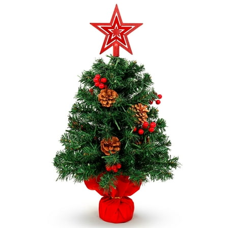 Uten 24-Inch Pre-Lit Tabletop Christmas Tree with 50 LED Lights, Artificial Mini Xmas Tree Set Includes Star Topper, Pine Cones & Red Berries for Home & Holiday Decor