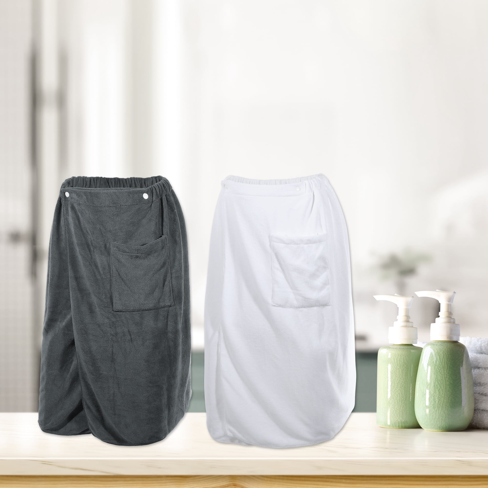 Unique Bargains Men's Bath Wrap Towel White Gray 2 Pcs 27.56"x55.12"
