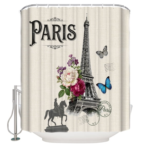 Paris Eiffel Tower Bathroom Shower Curtains with 12 Hooks Polyester Waterproof Shower Curtain for Stalls and Bathtubs Vintage Rose Floral Sculpture Butterfly Decorative Bathroom Curtain 36x78 Inches