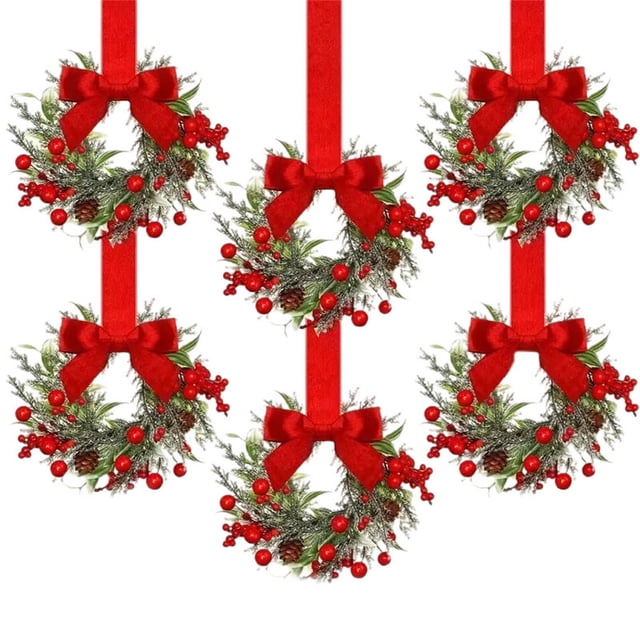 6 Pcs Small Christmas Kitchen Cabinet Wreaths,6 Inch Mini Wreaths With Ribbon Bows Artificial Red Berry ,Small Christmas Wreath Decoration For Xmas Window Indoor Chair Fireplace Home Decor,6PCS