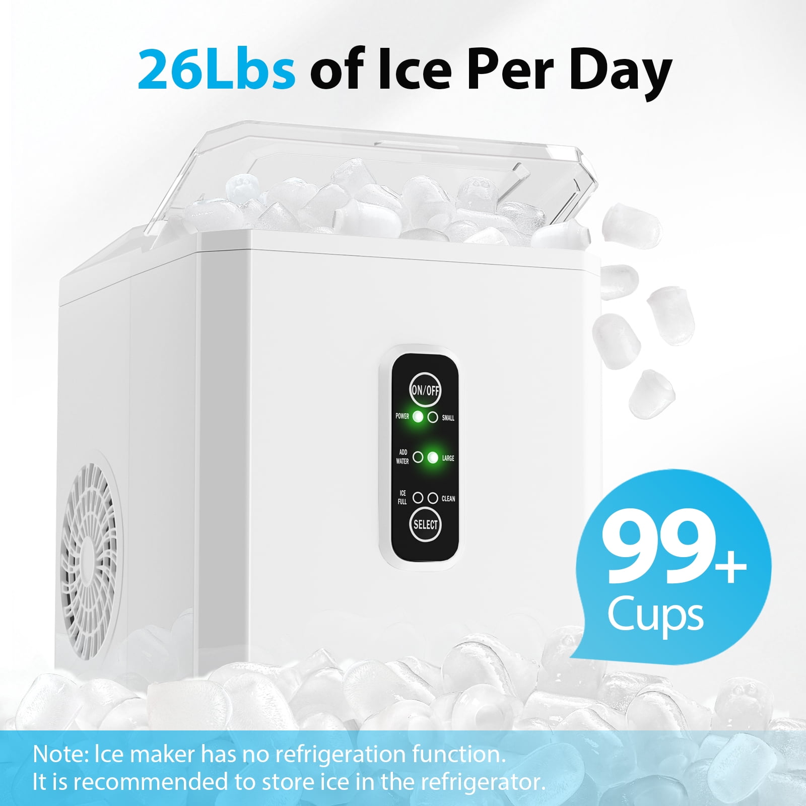 Aeitto Bullet Ice Maker Countertop, 26lbs in 24Hrs, Portable Ice Maker Machine with Self-Cleaning Function,Selectable Ice Size,Ice Machine for Home/Kitchen/Bar,White