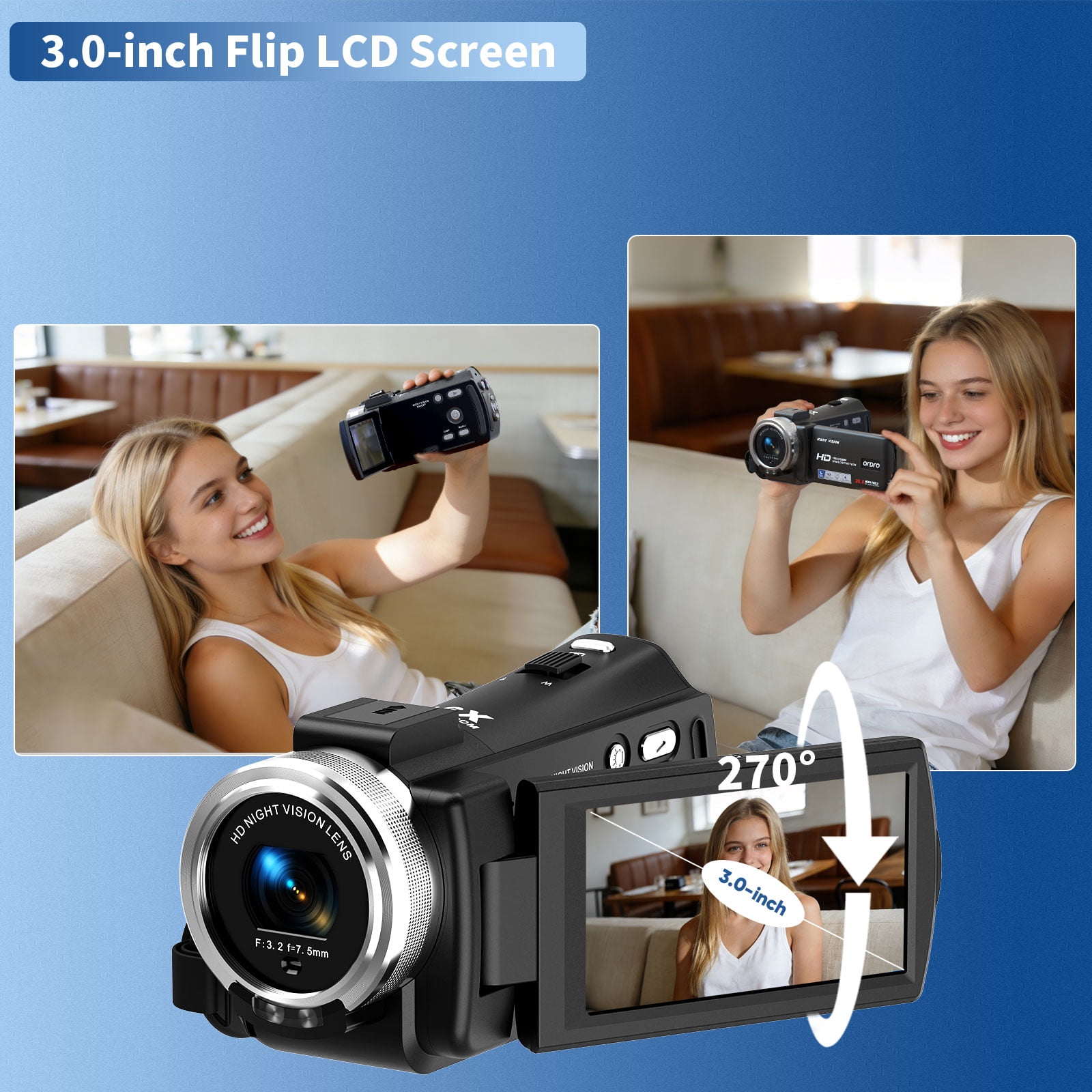 ORDRO HDV-V12 Video Camera Camcorder 16X Digital Zoom Night Vision Recorder 3.0 Inch Rotation LCD