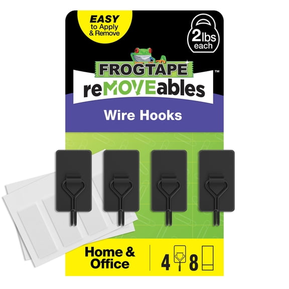 FrogTape reMOVEables Medium Wire Hook Medium, Black, 4 Hooks and 8 Strips