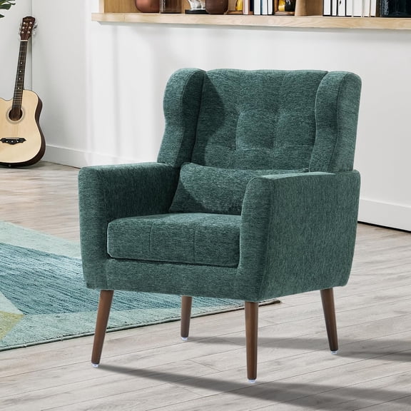 Modern Accent Chair, Upholstered Armchair with Pillow, Fabric Single Sofa Chair with Lounge Seat and Wood Legs Accent Chair for Living Room Bedroom Small Spaces