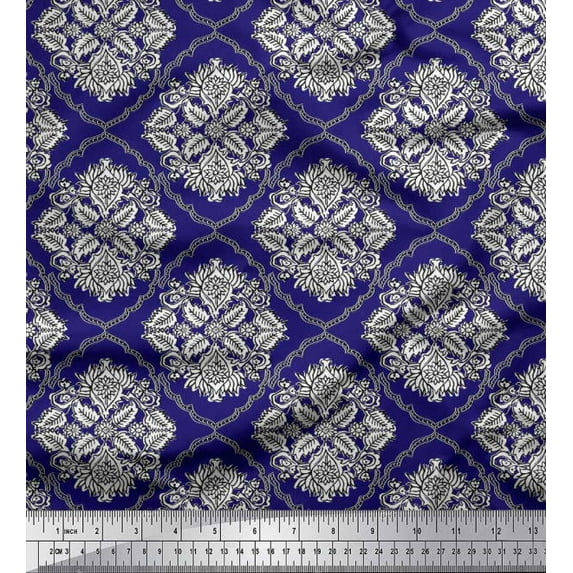 Soimoi Velvet Fabric Damask,Leaves & Floral Block Print Sewing Fabric Yard 58 Inch Wide