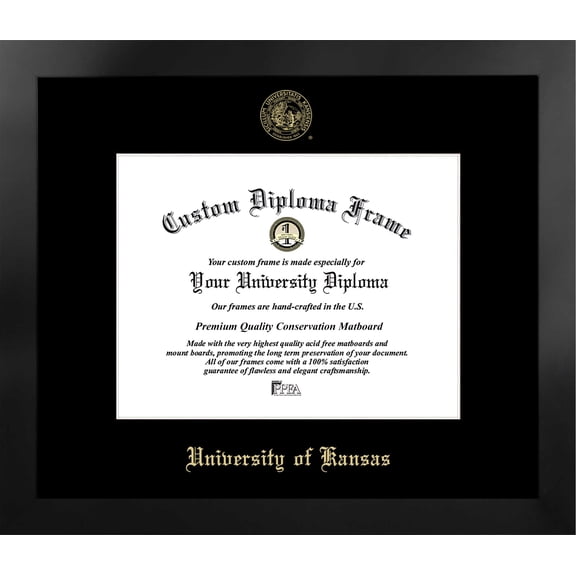 University of Kansas 11w x 8.5h Manhattan Black Single Mat Gold Embossed Diploma Frame with Bonus Campus Images Lithograph (value savings at $59)