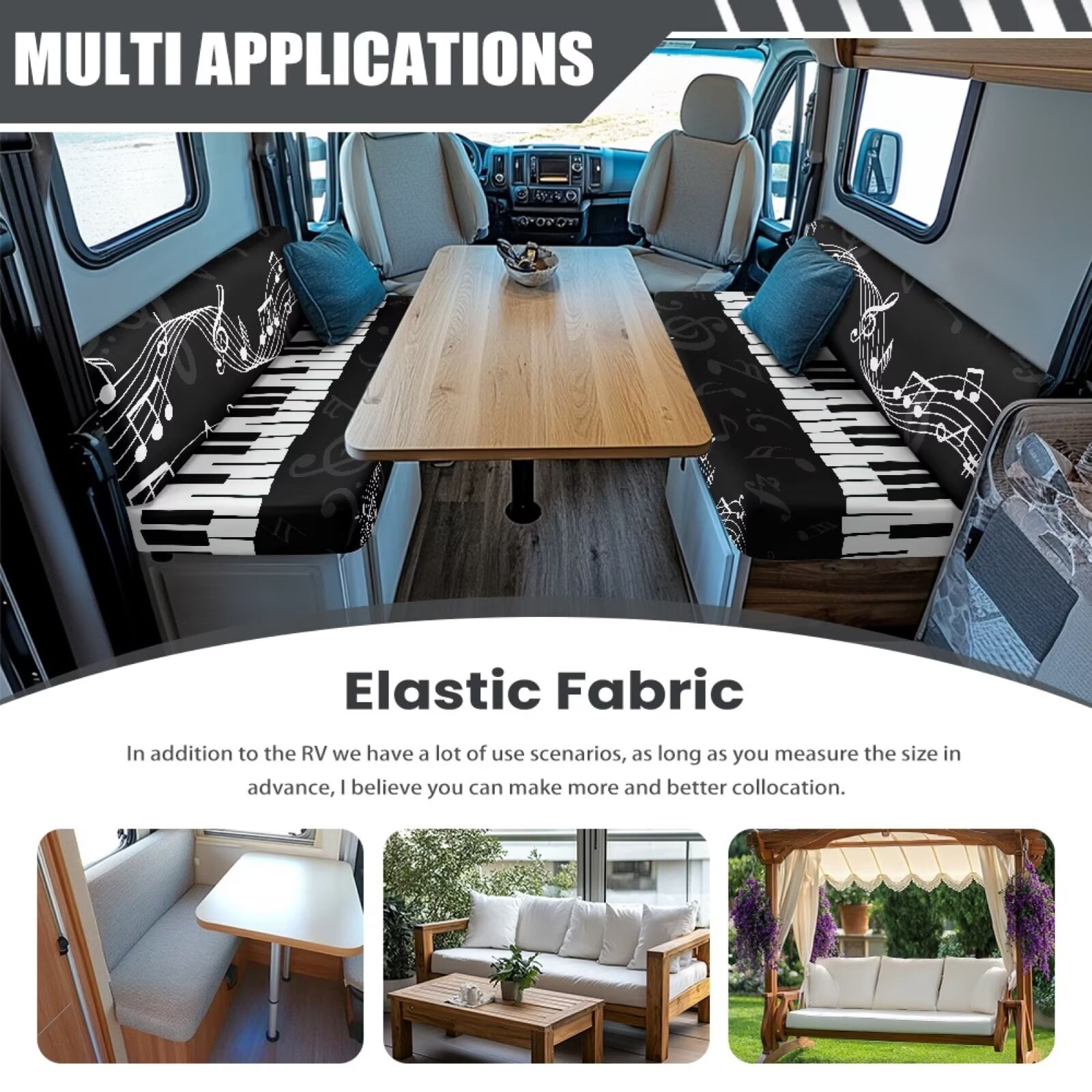 Psesaysky RV Dinette Cushion Covers Stretch Camper Cushion Slipcover Non-Slip Art Piano Music Note Sofa Couch Cover for Travel Trailer Includes 1 Seat Covers and 1 Back Covers