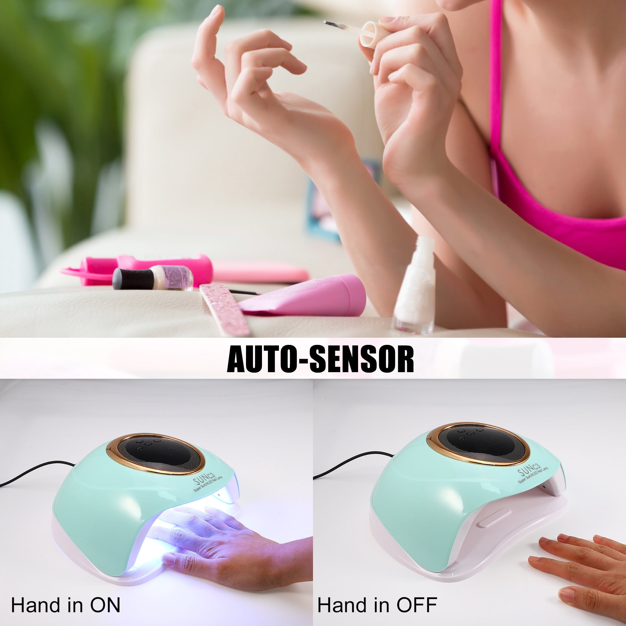 Unique Bargains UV-LED Nail Lamp Portable Fast Curing Nail Dryer with Sensor 4 Timers 288W 63pcs Nail Light ABS Green
