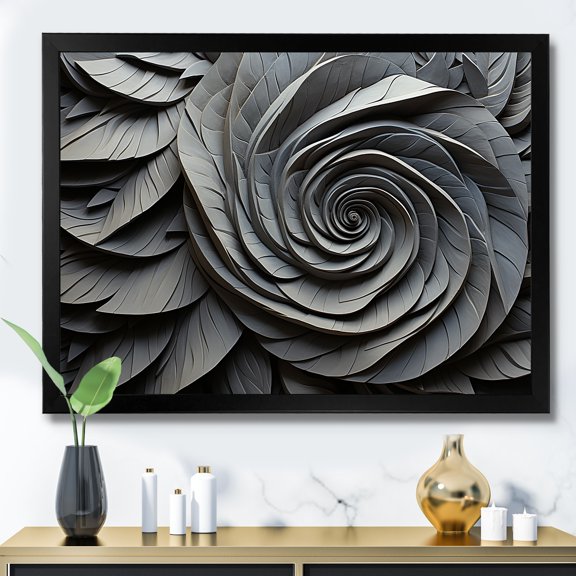 Designart "Abstract Floral Spiral in Grey Tones" Abstract Framed Wall Art Decor - Modern Grey Abstract Spirals Entryway Framed Wall Art Print