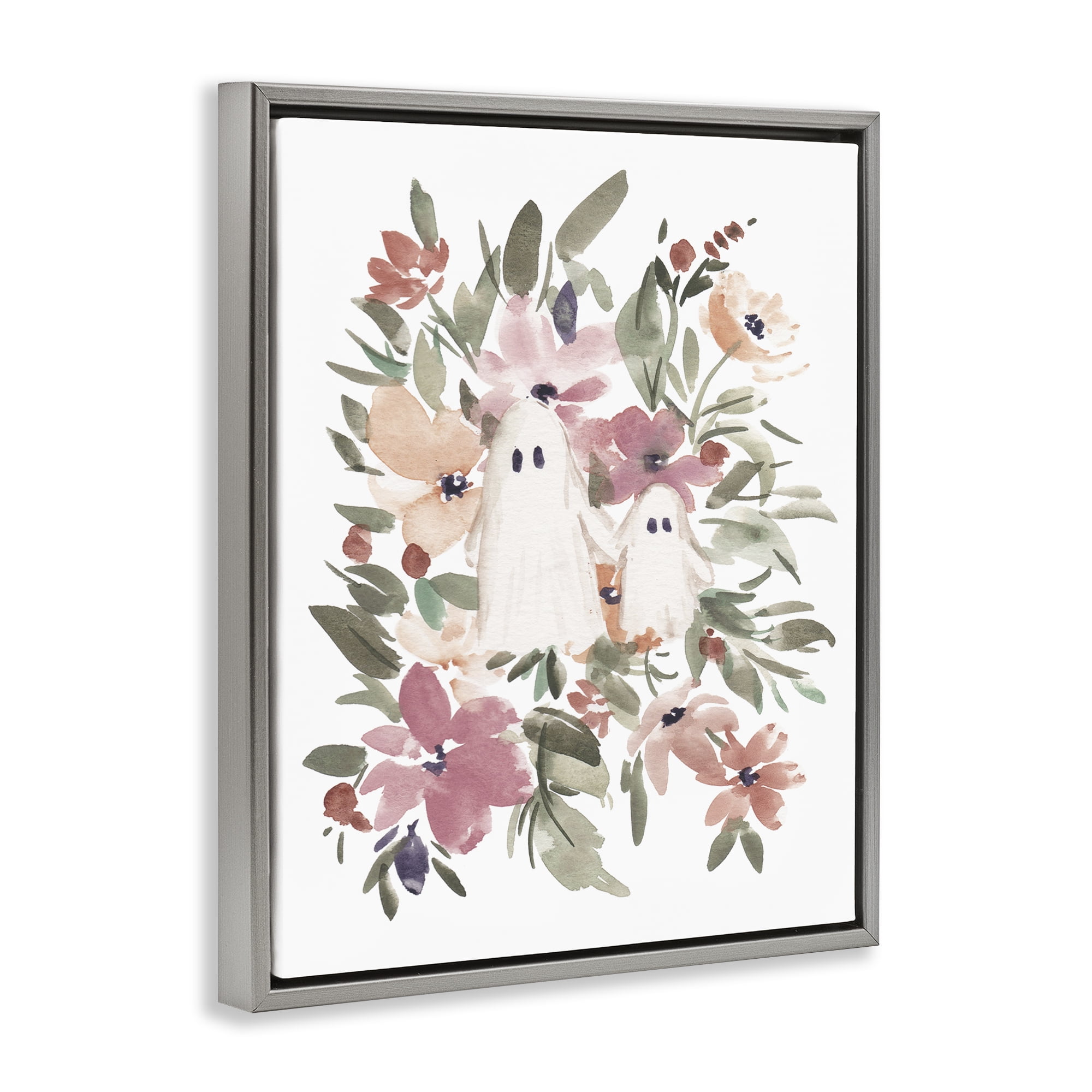 Stupell Industries Little Floral Ghosts Holiday Painting Gray Floater Framed Canvas Art Print Wall Art, 17 x 21
