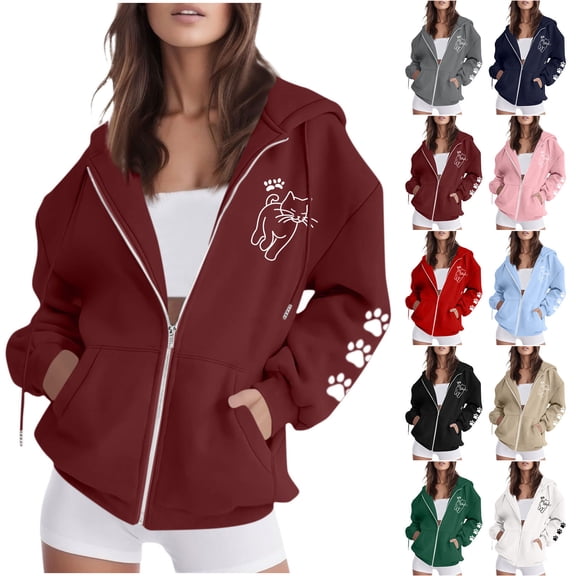 AKOEE Women's Oversized Zip Up Hoodie Jackets with Pockets Long Sleeve Cat Printed Baggy Y2k Sweatshirt Coat (XL, Wine)