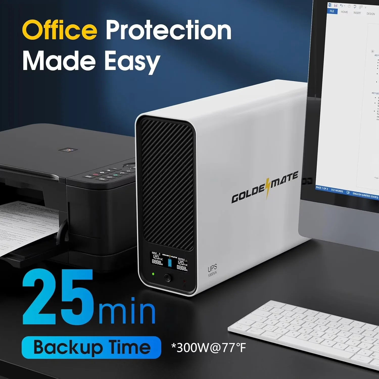 GOLDENMATE 1000VA / 600W Lithium UPS Battery Backup & Surge Protector with Pure Sine Wave Output, USB Auto-Shutdown, 8 Outlets and LCD Display