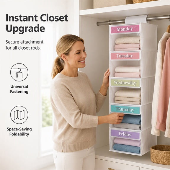 5‑Tier Weekly Hanging Fabric Clothes Organizer Shelf, Daily Outfit Storage with Side Mesh Pockets, Wardrobe Hanging Caddy for Bedroom Dorm Apartment Home Tidying