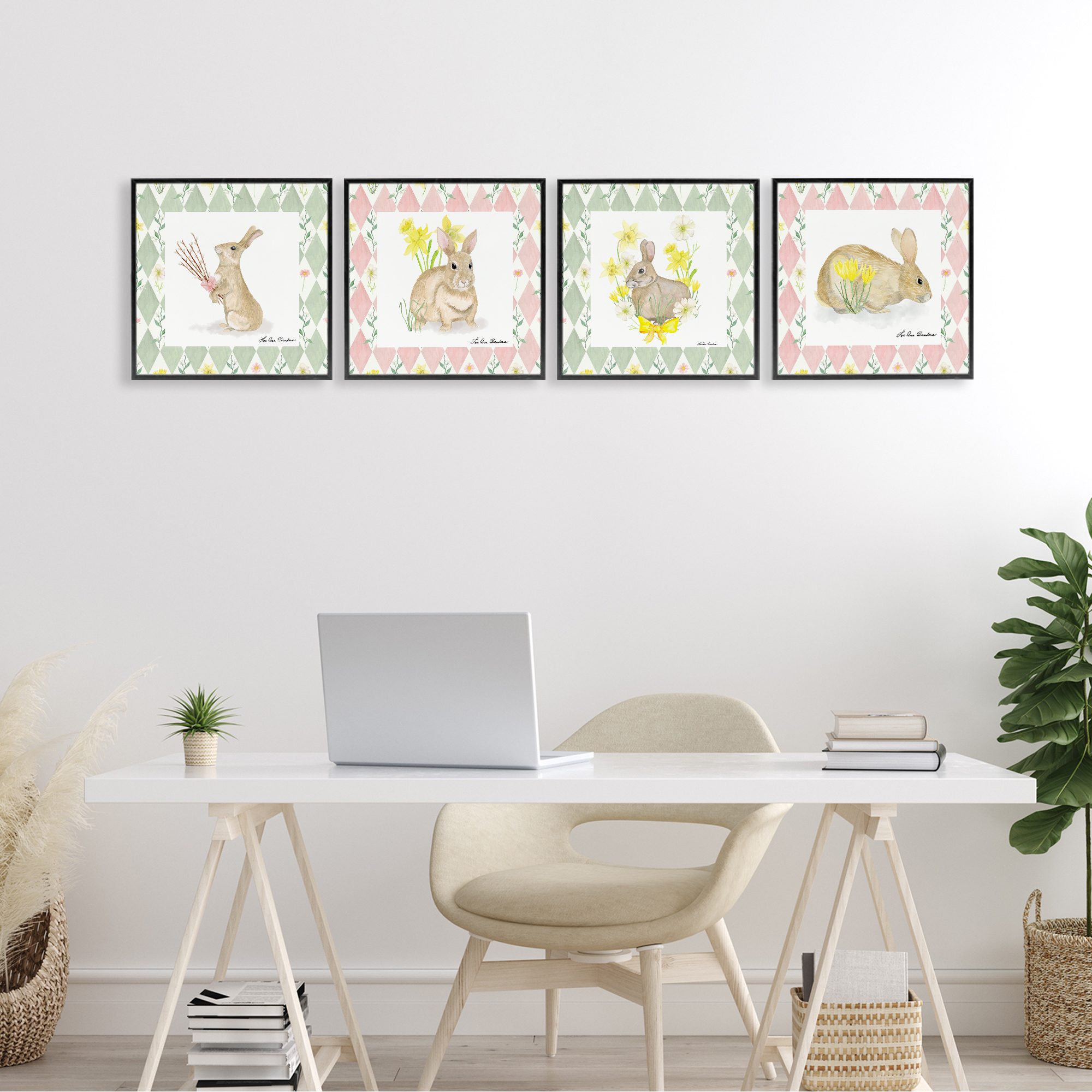 Spring Bunnies on Argyle 4 Piece Black Framed Giclee Art Set, design by Lee Ann Sanders