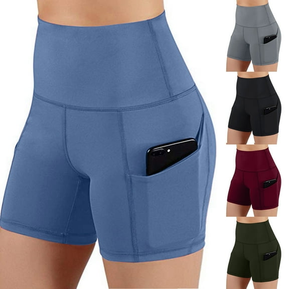 FNFYFH Women's Shorts with Pockets High Waist Yoga Shorts Tummy Control Fitness Yoga Short Pants for Athletic Workout Running (Women's Large)