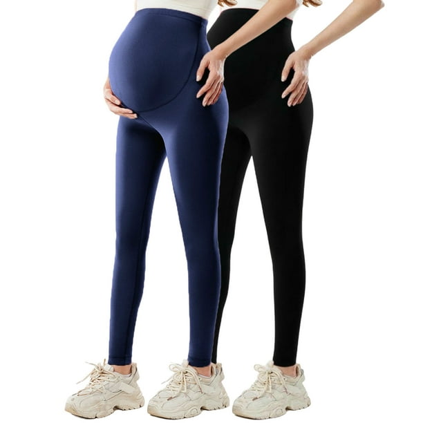 Amzcrzy 2PC Leggings premamá color liso por encima de la barriga clásicos largo completo cómodos suaves yoga ejercicio informal S-XL Azul