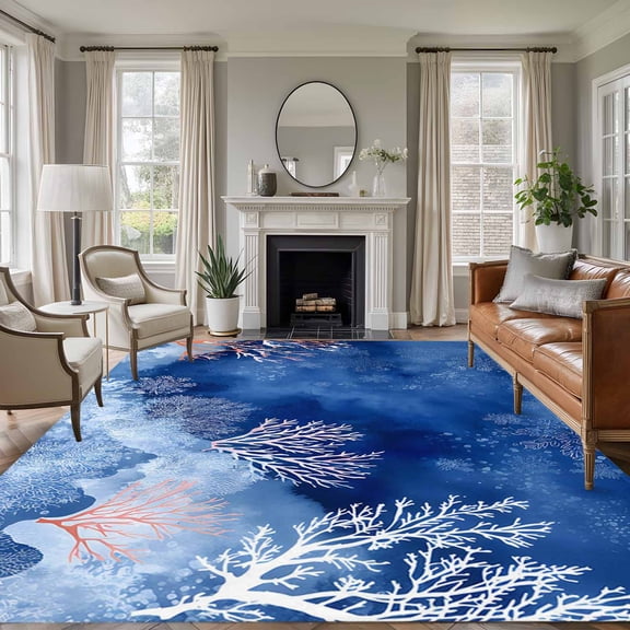 Summer Ocean Area Rugs 5'x7', Small Throw Rugs for Laundry Room Playroom, Nautical Coastal Marine Corals Watercolor Blue Indoor Outdoor Rug Non-Slip Low Pile Carpet Runner Reversible Floor Mats