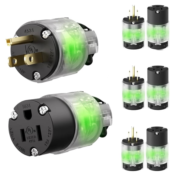 4 Pcs Lighted Extension Cord Ends, Male and Female,Straight Blade Cord End Replacement, 15 Amp 125Volt, Nema 5-15P & Nema 5-15R, 2 Pole 3Wire Grounding, Black,UL Listed