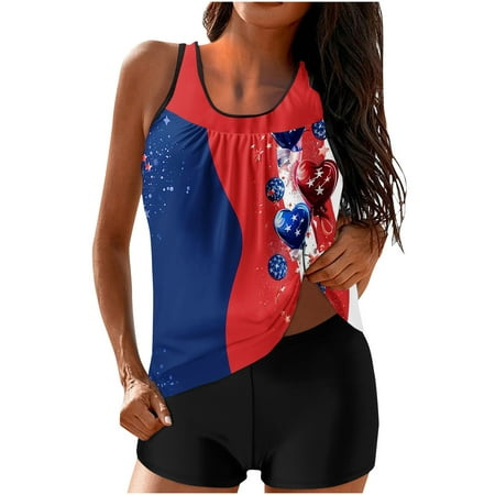 FAVIPT 4th of July Swimsuits for Women Star Stripes American Flag Printed Tank Tops with Boyshorts Bathing Suits Two Piece Beach Modest 2025 Swimwear Red M