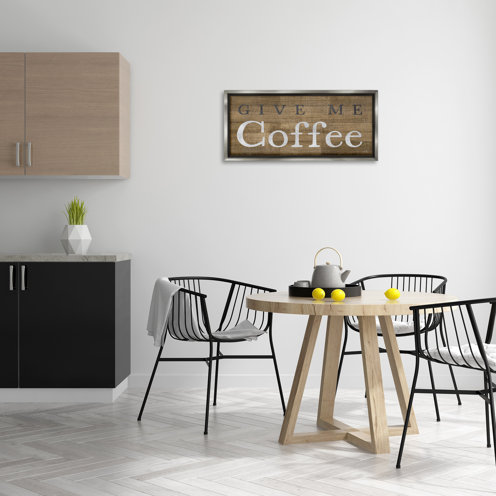 Stupell Industries Rustic Give Me Coffee Food & Beverage Painting Gray Floater Framed Canvas Art Print Wall Art, 31 x 14