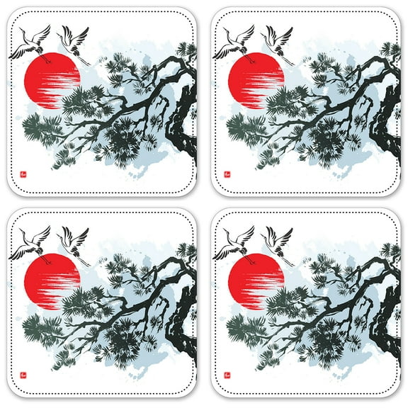Vinyl Drink Coasters - Set of 4 - Cranes Flying by a Tree Drawing