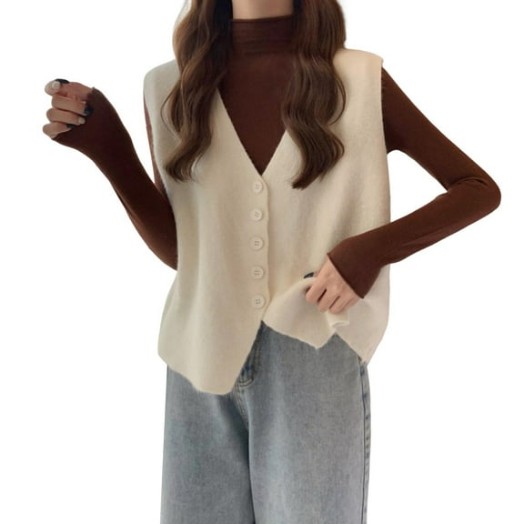 Women Short Vest Fall Winter Women Vest V Neck Button-down Solid Color Loose Knitted Thick Keep Warm Sweater Top Single-breasted Vest Sweater