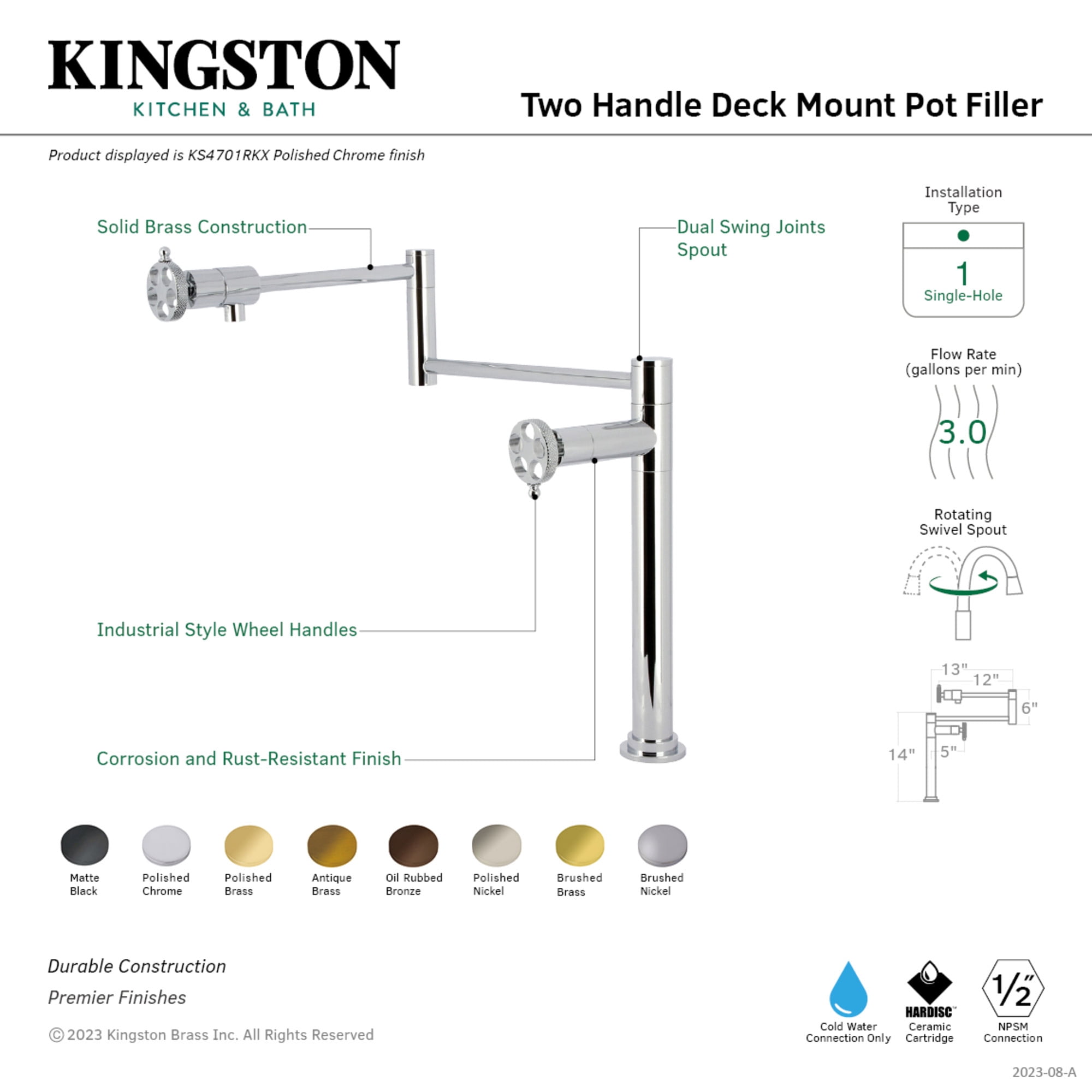 Kingston Brass KS4706RKX Webb Deck Mount Pot Filler Faucet with Knurled Handle, Polished Nickel
