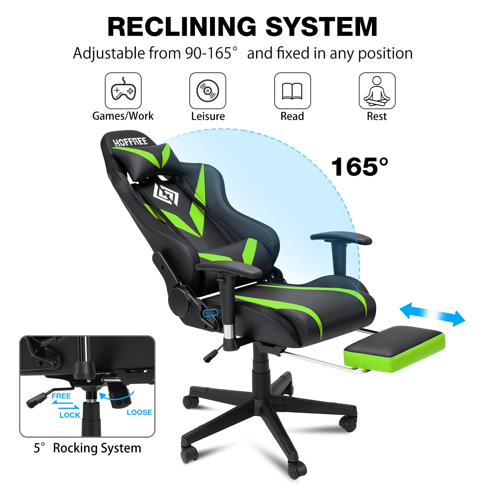Hoffree Gaming Chair with Speakers Gamer Chair with Footrest and Massage Reclining Video Game Chair with Led Lights and Swivel Seat and Headrest and 2D Armrests for Adults