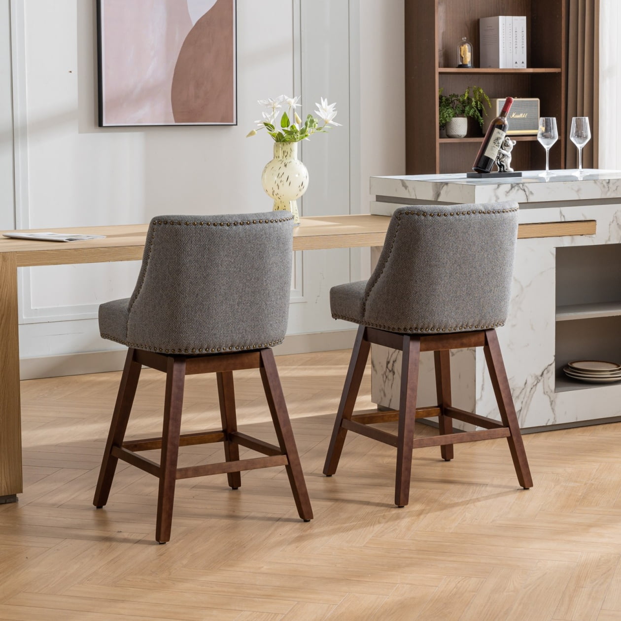 Swivel Bar Stools Set of 2, 26" Counter Height Bar Stools with Back & Footrest, Upholstered Kitchen Island Chairs with Built-in Nailhead Trim for Home Bar, Pub, Gray
