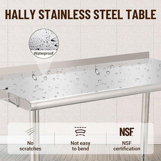 Stainless Steel Prep & Work Table with Caster Wheels, Heavy Duty Workbench with Removable Trash Rack & Backsplash