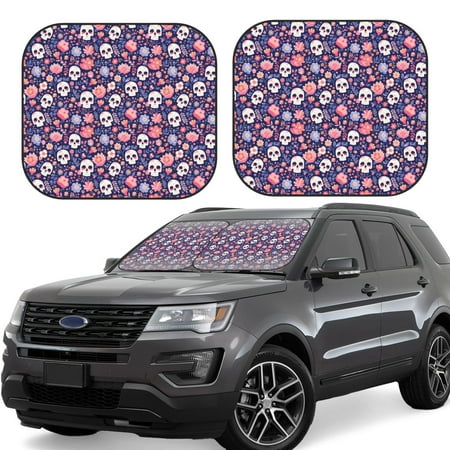 Hirioo white Skull Flower for 2PCS Windshield Sun Shade Foldable | Front Windshield Shade for Sun Heat and UV Rays-Medium