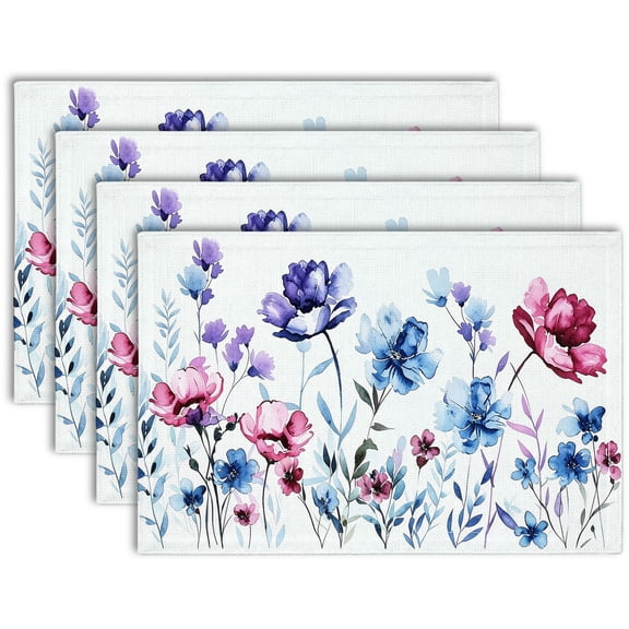 Watercolor Floral Placemats Set of 4 Fabric Dining Table Place Mats Decorative Kitchen Placemats for Spring Dinner Decor
