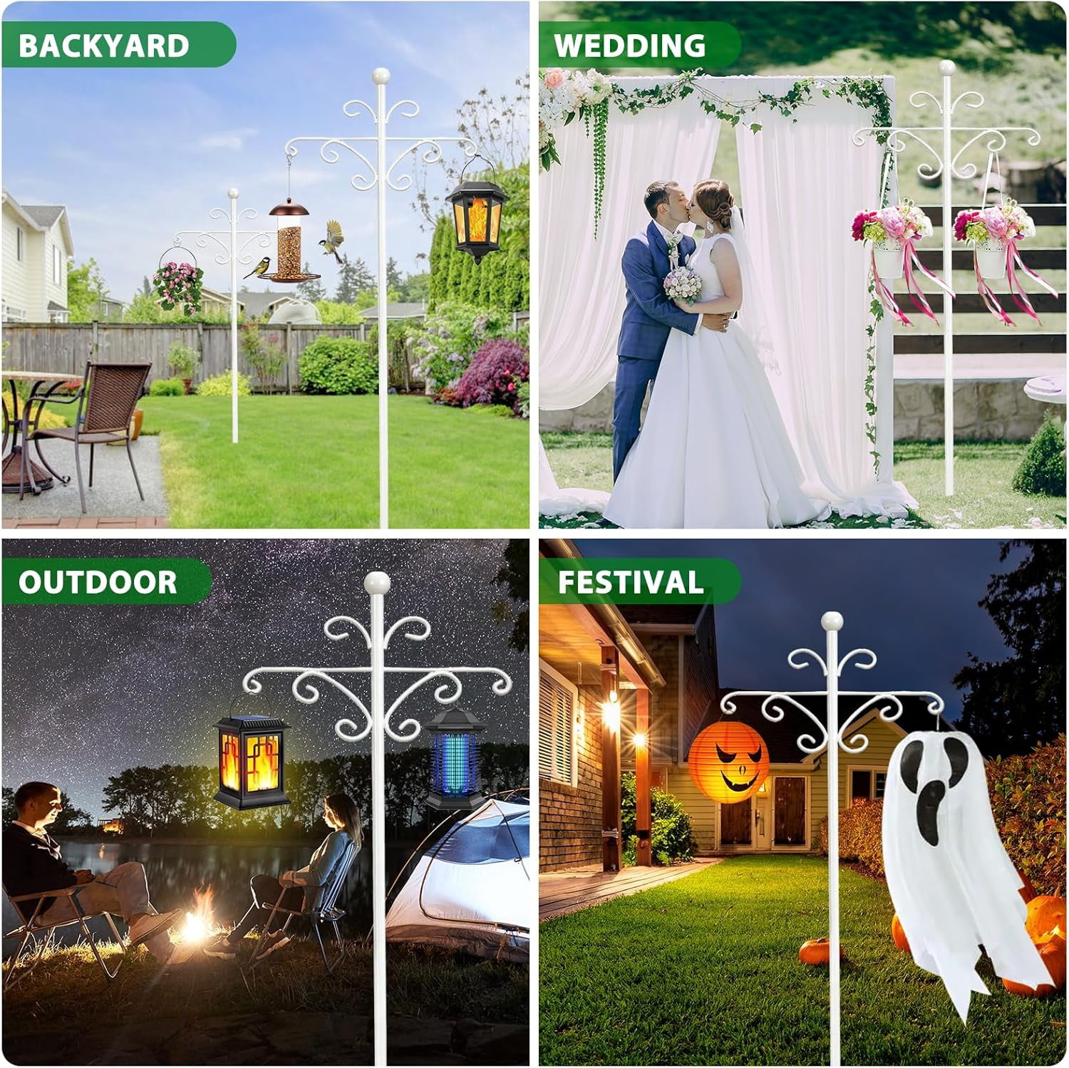 Bird Feeder Pole for Outdoors Heavy Duty Squirrel Proof, 2 Pack 63 Inch Adjustable Tall Shepherds Hooks for Outdoor with 7 Prongs Base, Double Shepherd Hooks (2 Pack White, 63 Inch)